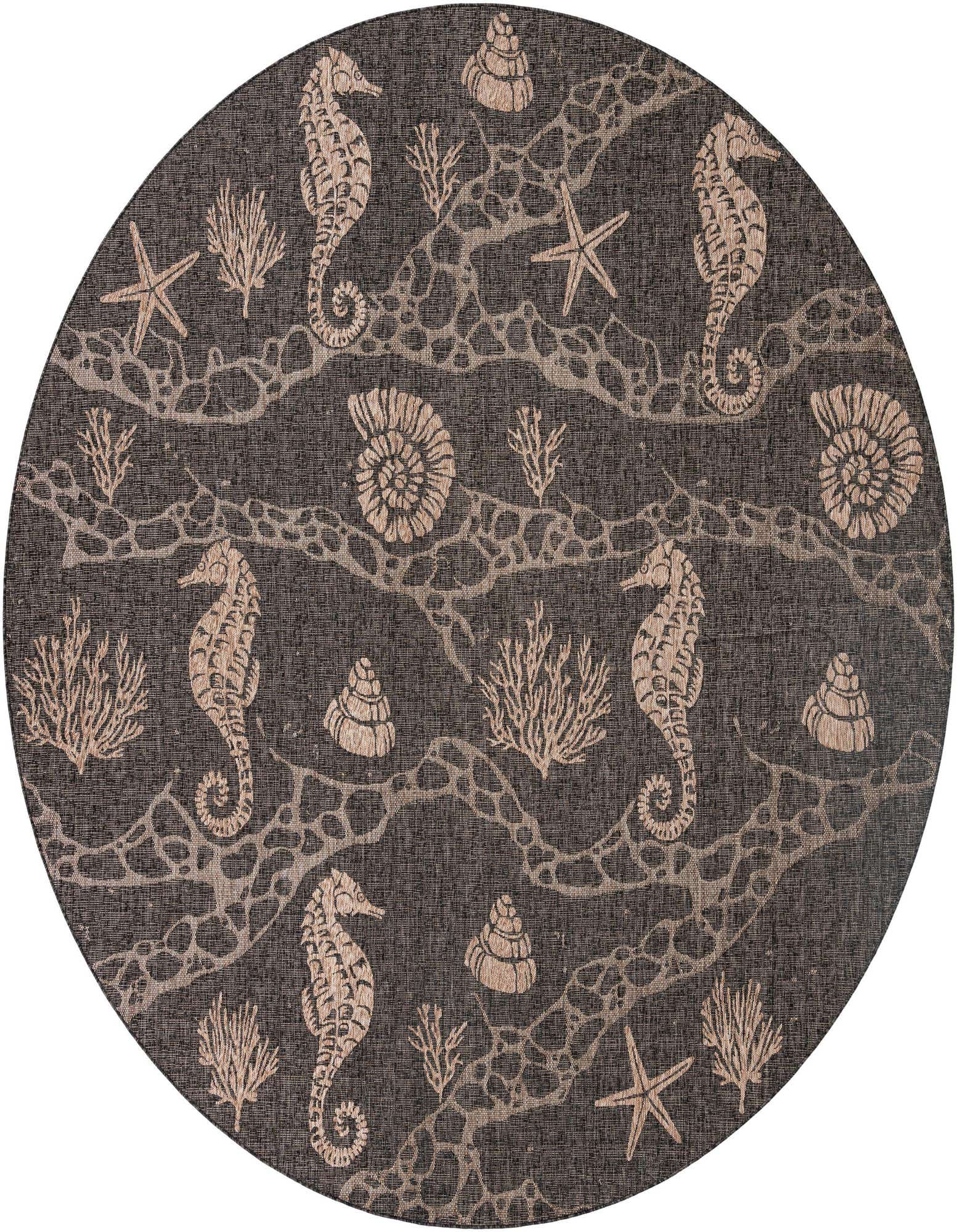 A 12' round black indoor/outdoor rug with a beige coastal pattern featuring seahorses, starfish, shells, and coral.