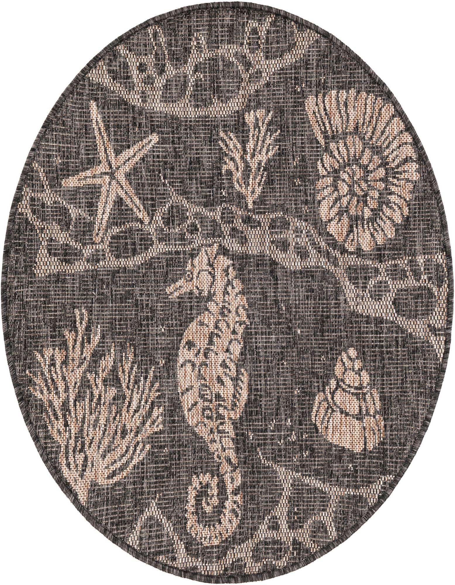 Round black and beige rug featuring a detailed coastal pattern with a seahorse, starfish, and seashells.