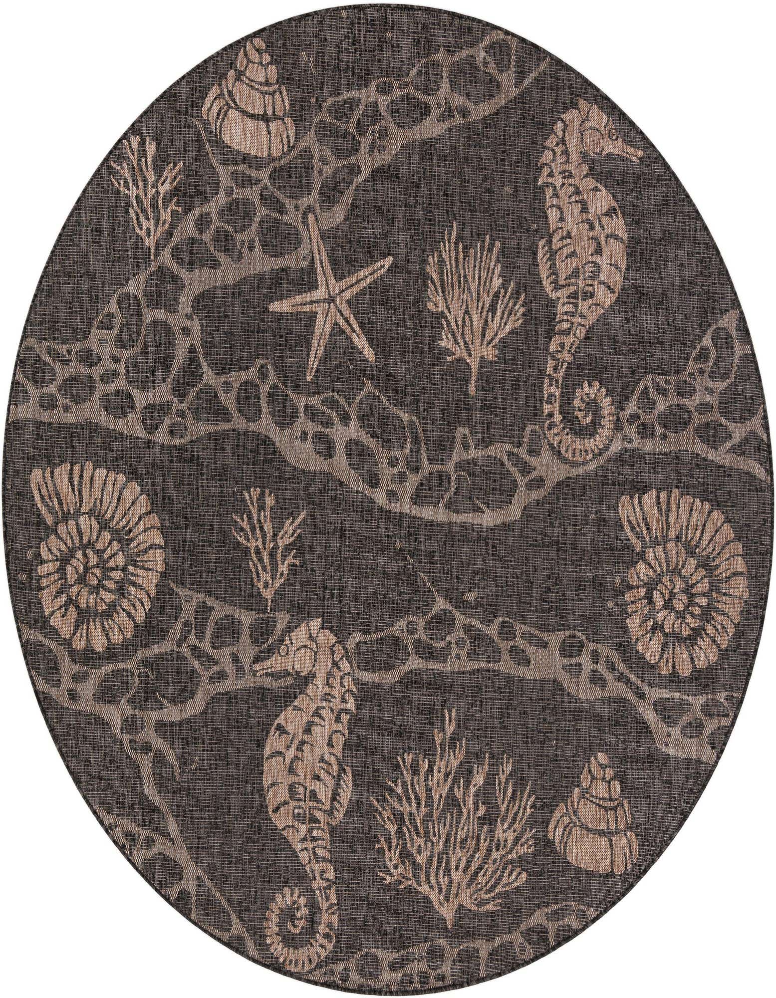Round black outdoor rug with light brown nautical patterns including seahorses, starfish, and seashells.