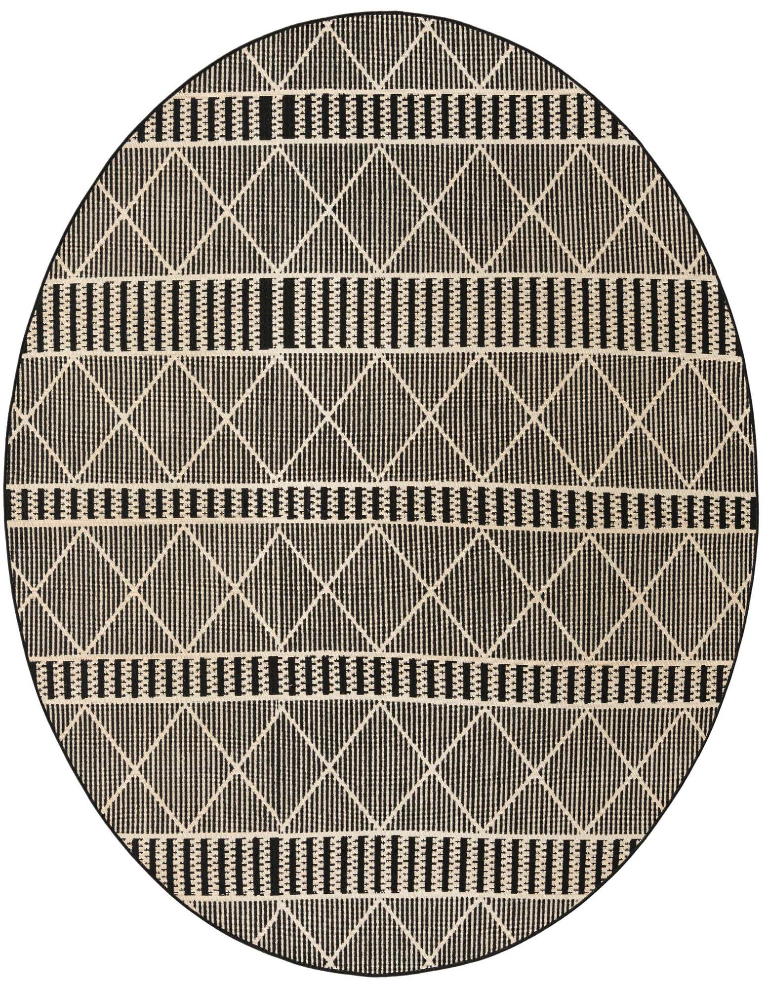A 7' 10 round black and beige outdoor rug with a modern tribal trellis pattern, ideal for a patio.