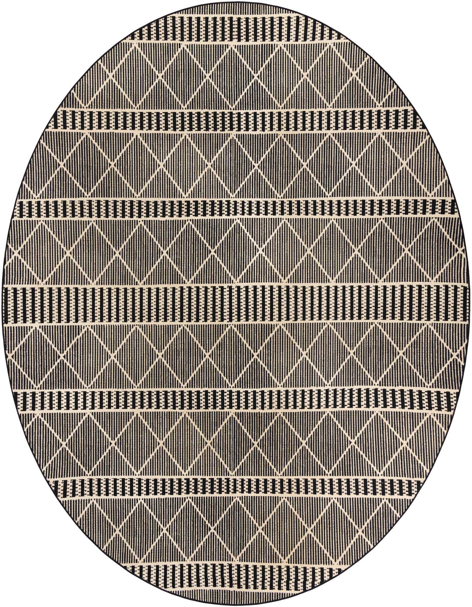A 10' round black and cream modern trellis pattern rug, suitable for indoor or outdoor use.
