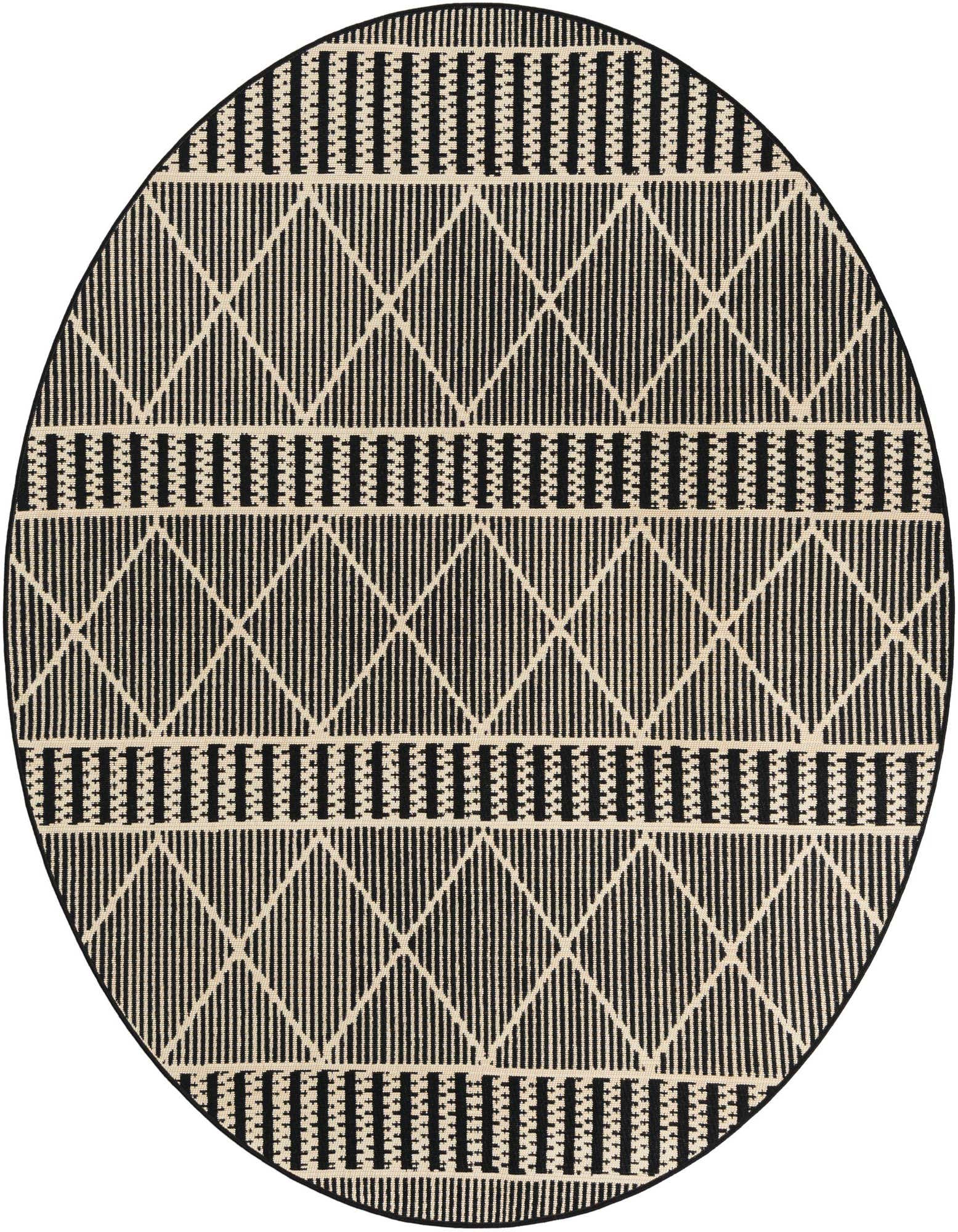 A round 6' black and beige modern trellis rug with a flatweave texture, suitable for indoor or outdoor use.