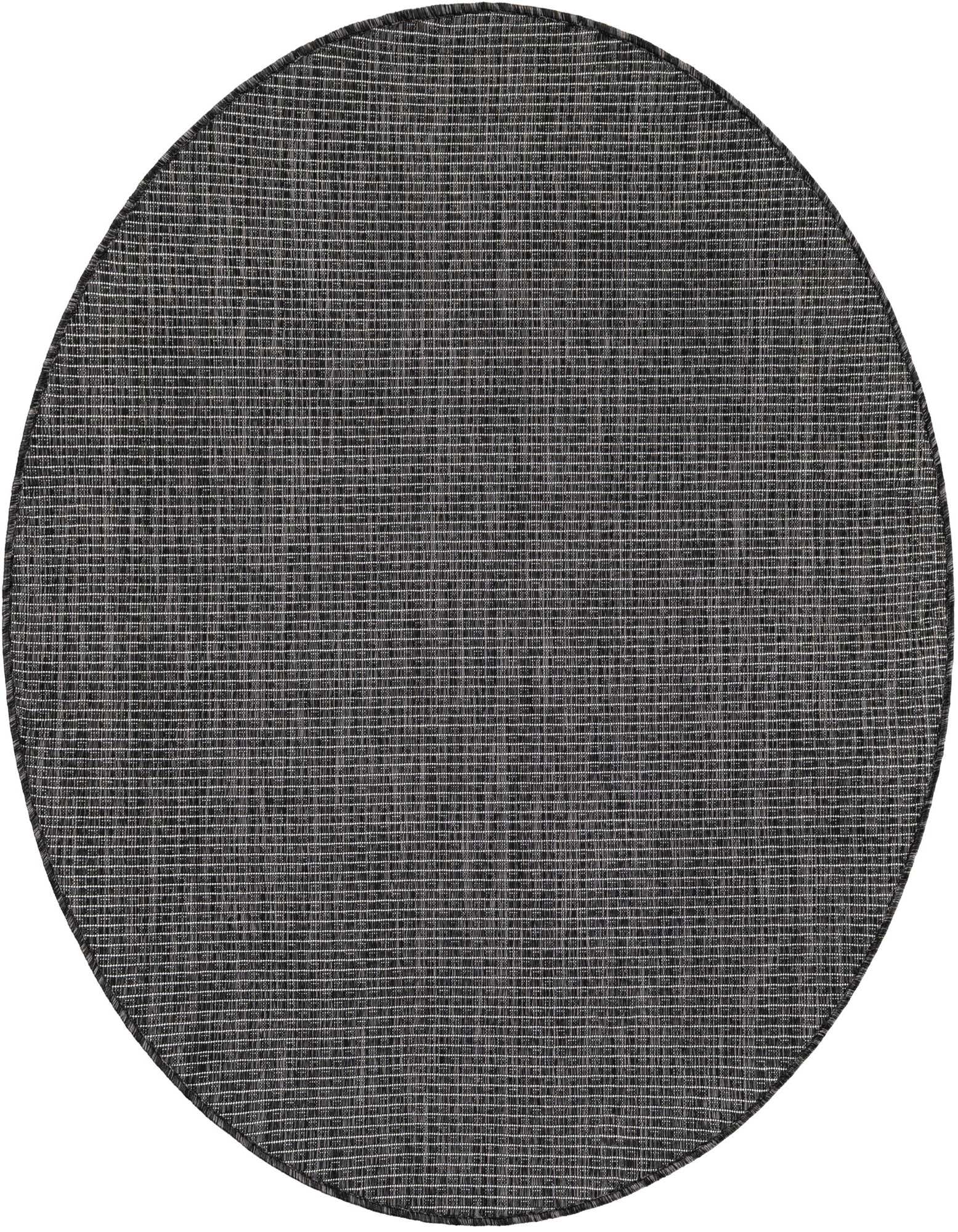 A 4' round black modern flatweave rug with a subtle textured pattern, suitable for indoor or outdoor use.
