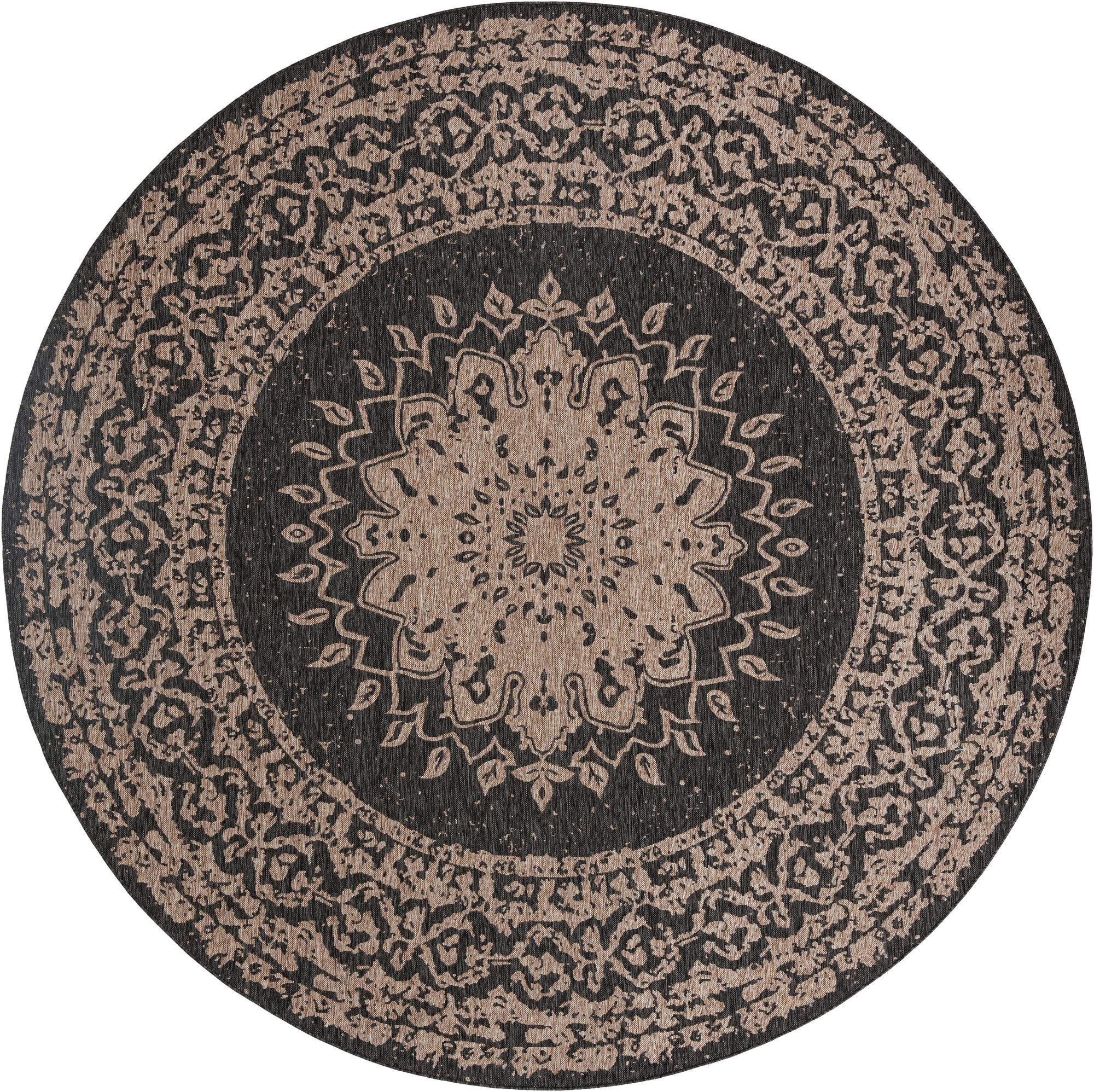 Black 12' x 12' Traditional Indoor / Outdoor Round Rug | Rugs.com
