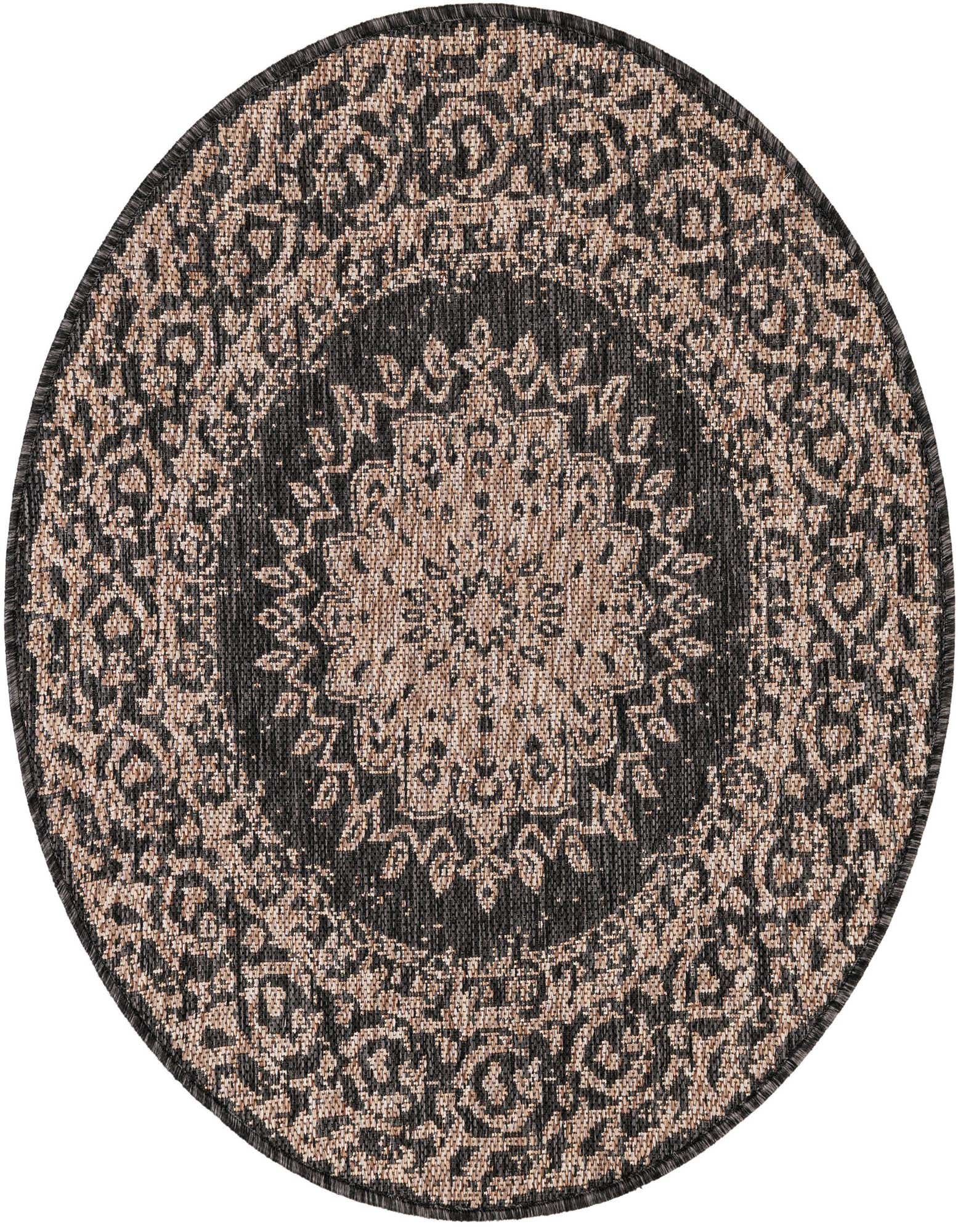 A 3' round black and beige vintage medallion rug with a flatweave texture, suitable for indoor or outdoor use.