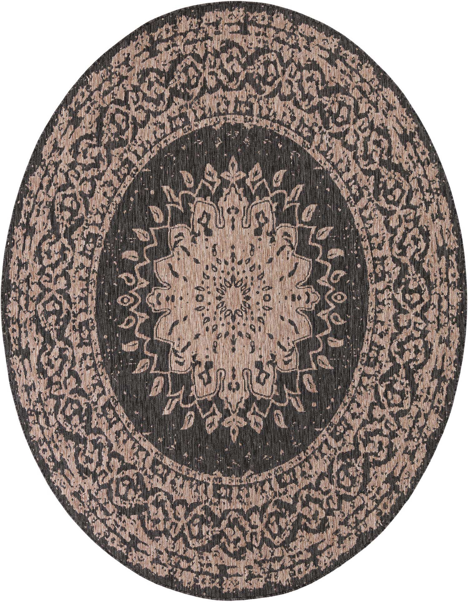 A 7' 10 round black and beige outdoor rug with a central medallion and traditional border pattern.