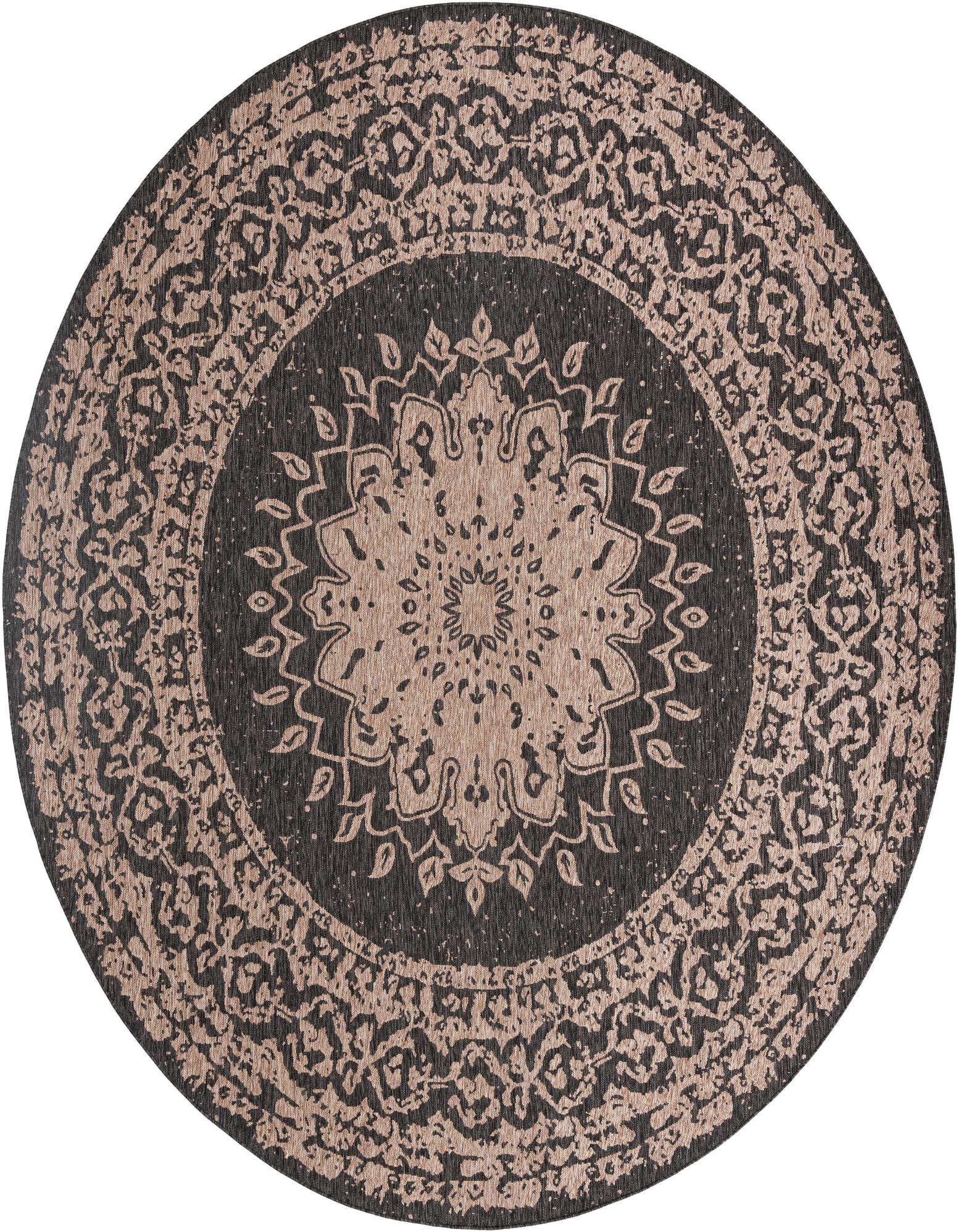 A 13' round black and beige outdoor rug with a modern medallion pattern and ornate border.