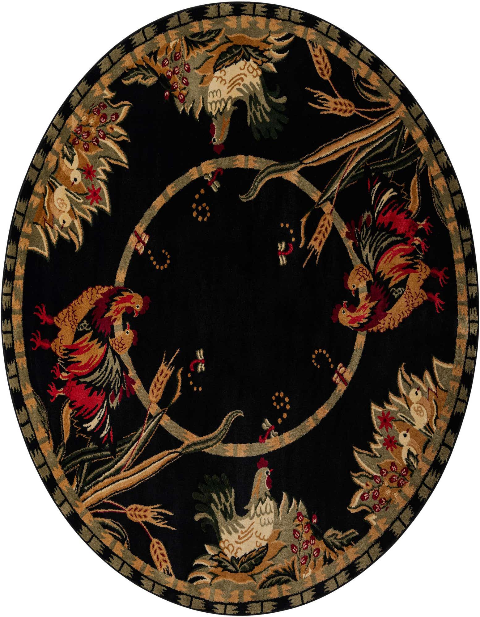 A round black rug featuring a traditional botanical design with roosters, wheat stalks, and floral accents in warm red, gold, and green tones.