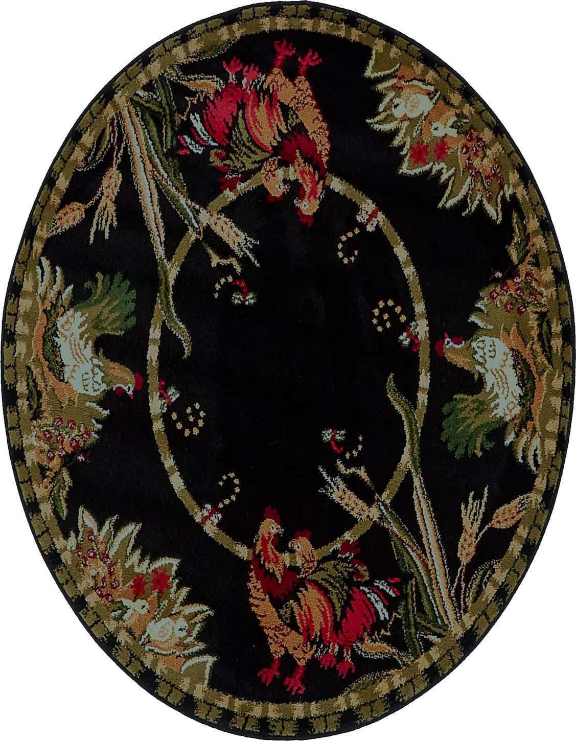 A round black rug featuring a traditional botanical design with colorful roosters, green leaves, and red berries.