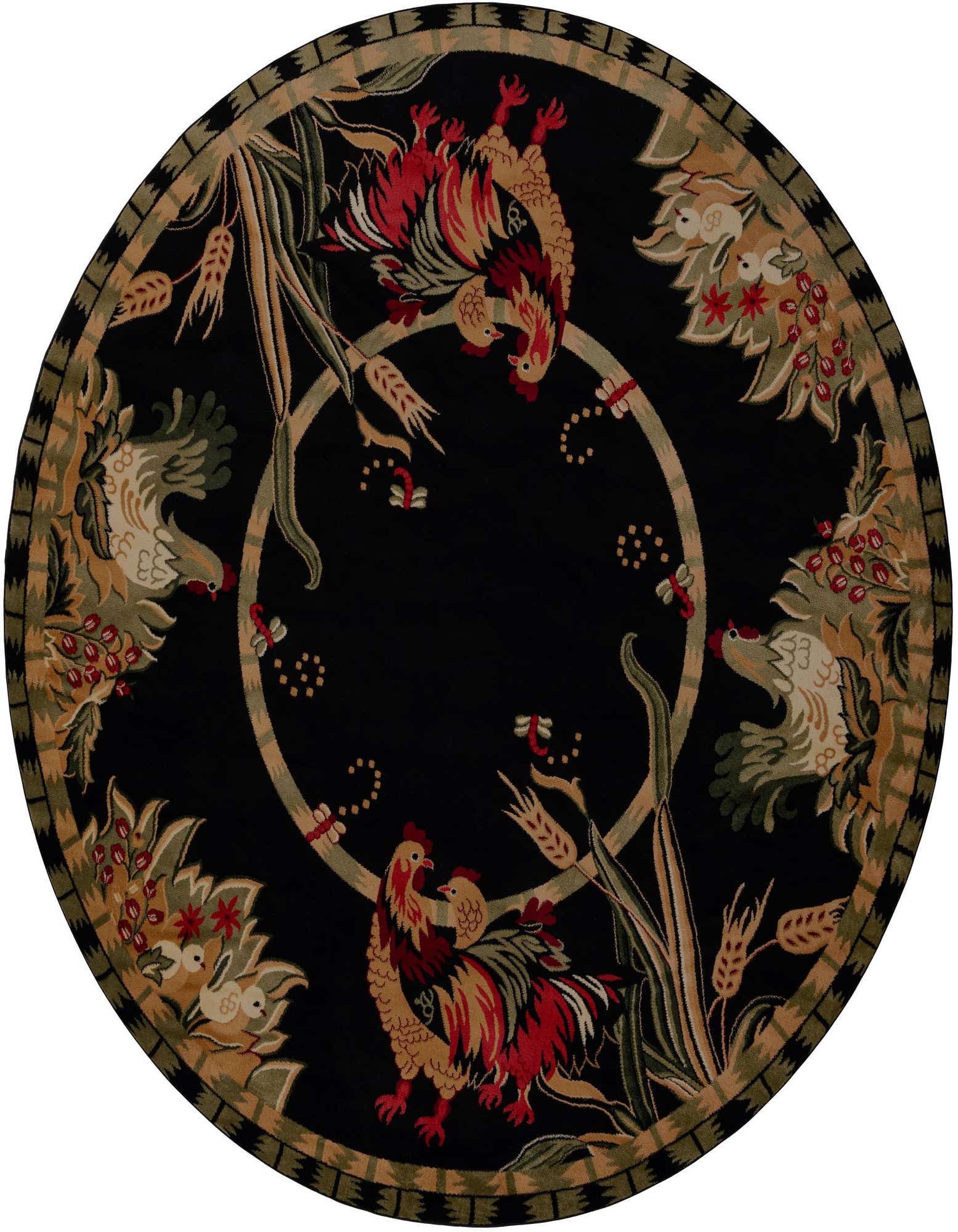 A 10' round black rug with a traditional botanical pattern featuring roosters, hens, and floral elements in red, green, and beige.