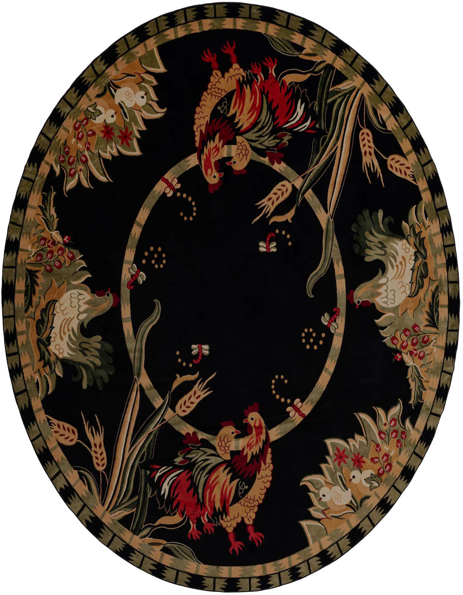 A large round black rug with a traditional botanical pattern featuring roosters, hens, chicks, and wheat stalks in red, green, and tan.