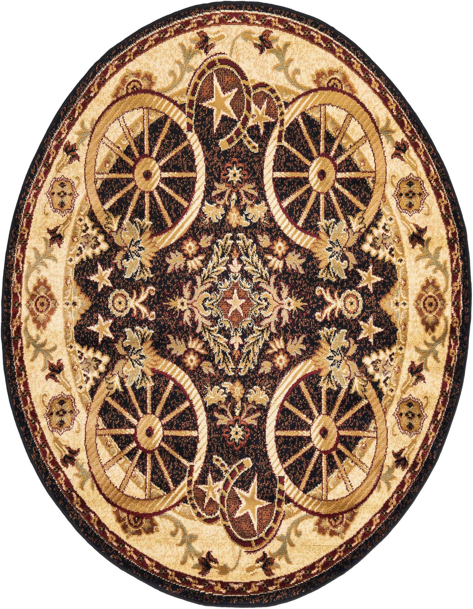 Round black and beige rug with a rustic medallion pattern featuring wagon wheels, horseshoes, and stars.