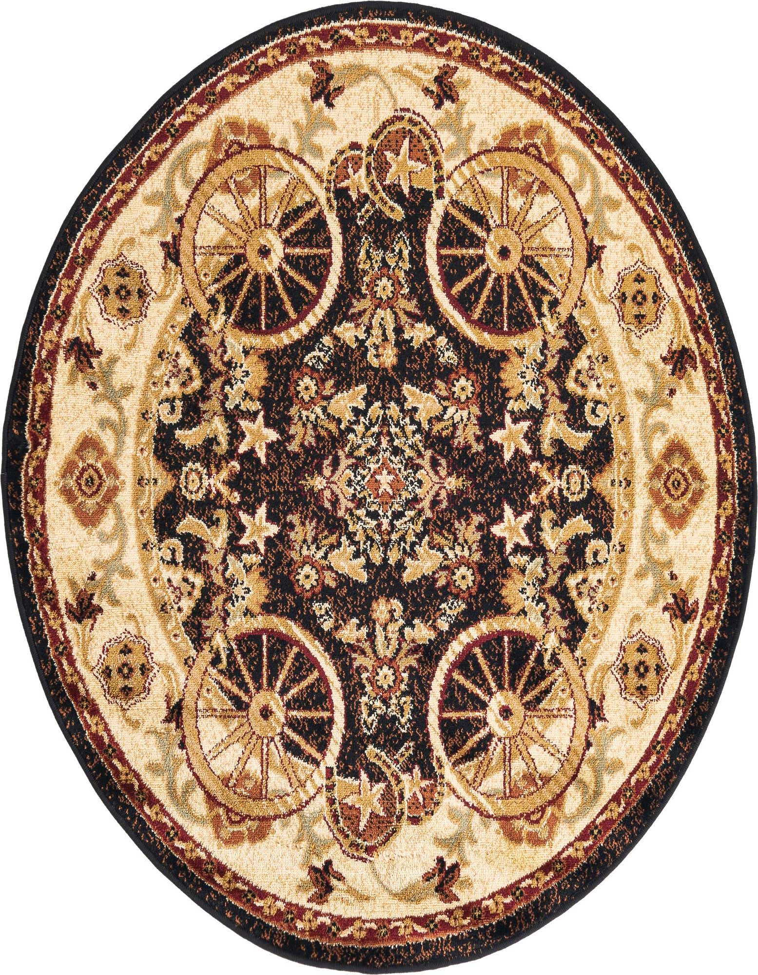 Round black and beige rustic rug with a central medallion, wagon wheels, and star motifs.