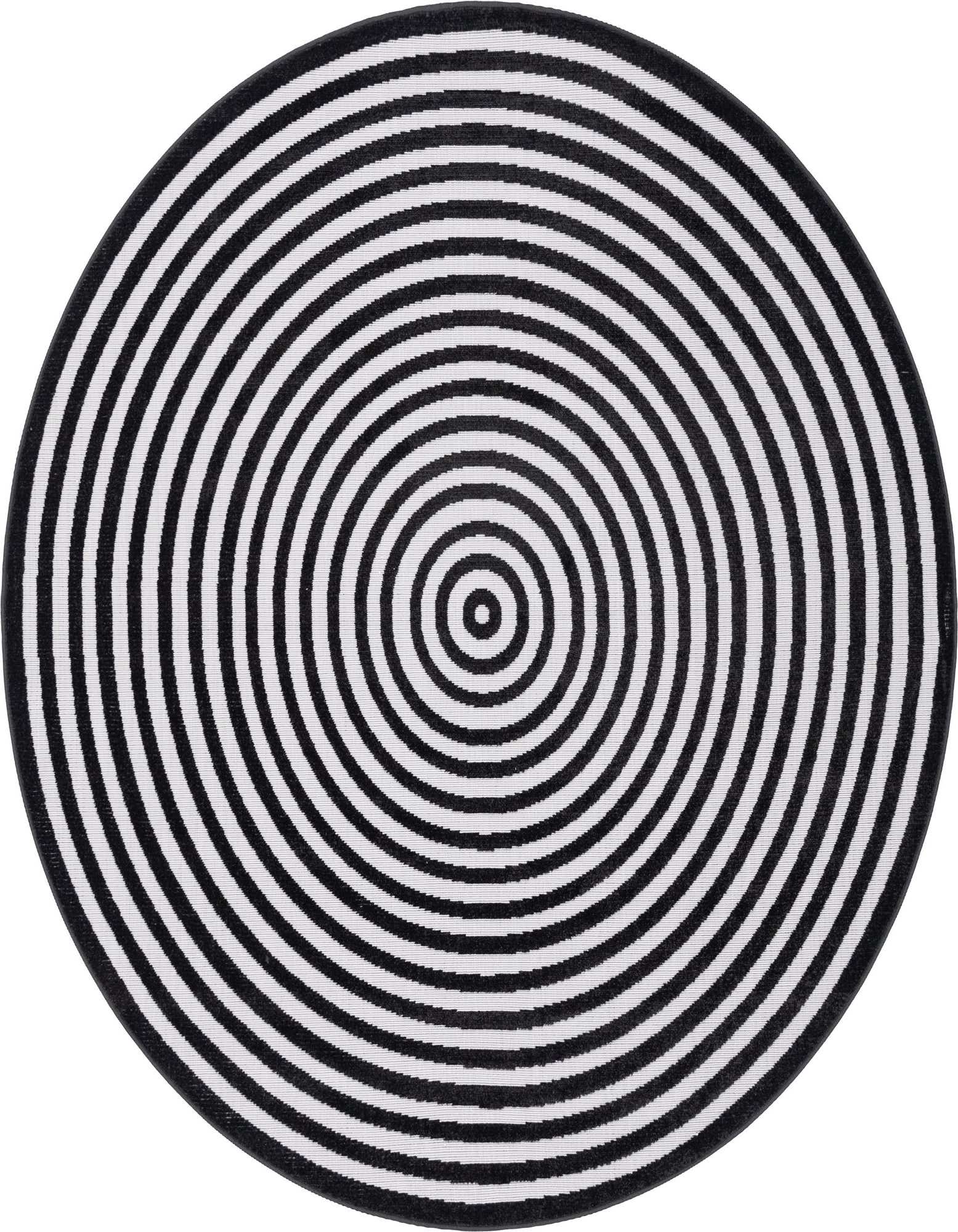 A round black and white striped rug with a concentric circle pattern, suitable for indoor or outdoor use.