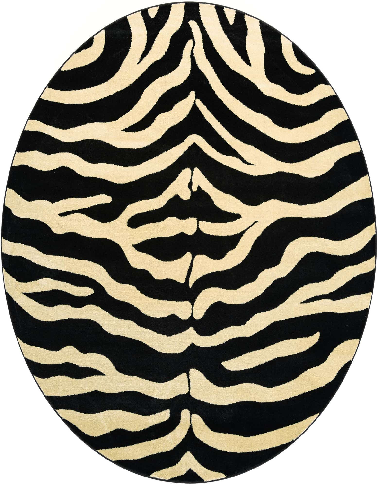 A round 7' 10 x 7' 10 black and cream zebra print rug with a medium pile, suitable for indoor use.