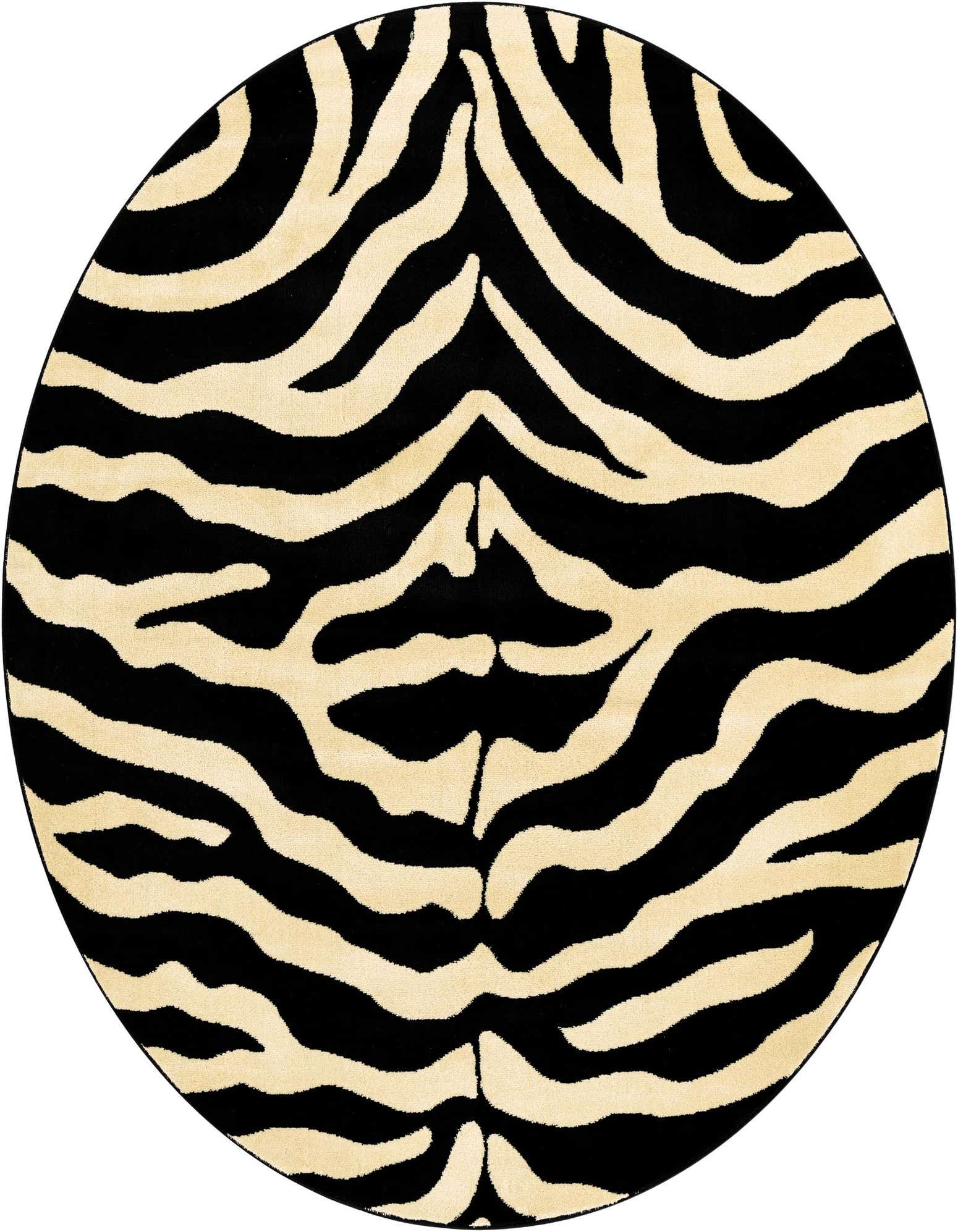 A round 6'1" x 6'1" black and beige zebra print rug, featuring bold stripes, perfect for a modern living room or patio.