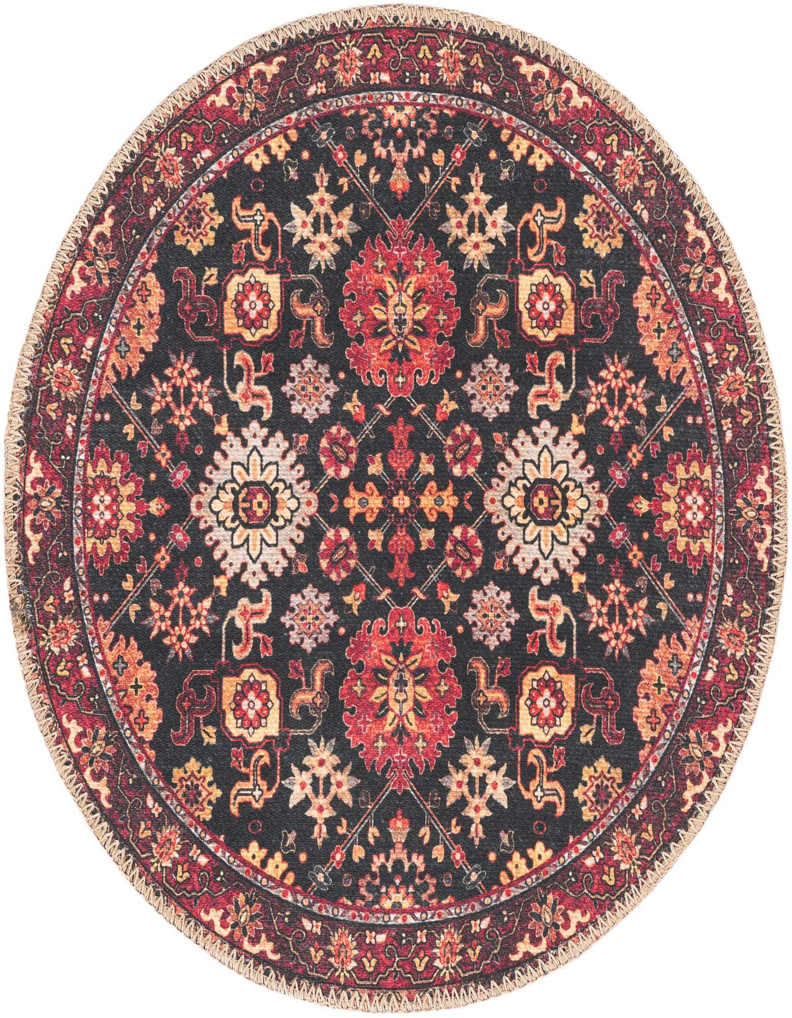 A 2' round black rug with a traditional Oriental medallion pattern in red, orange, and cream.