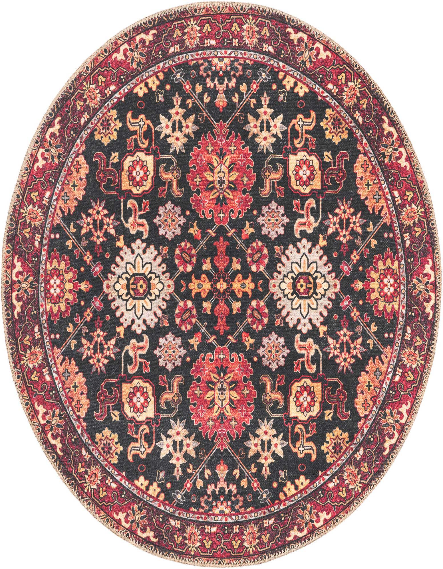 A 3' 6 round black rug with a detailed red, orange, and cream traditional Oriental medallion pattern and border.