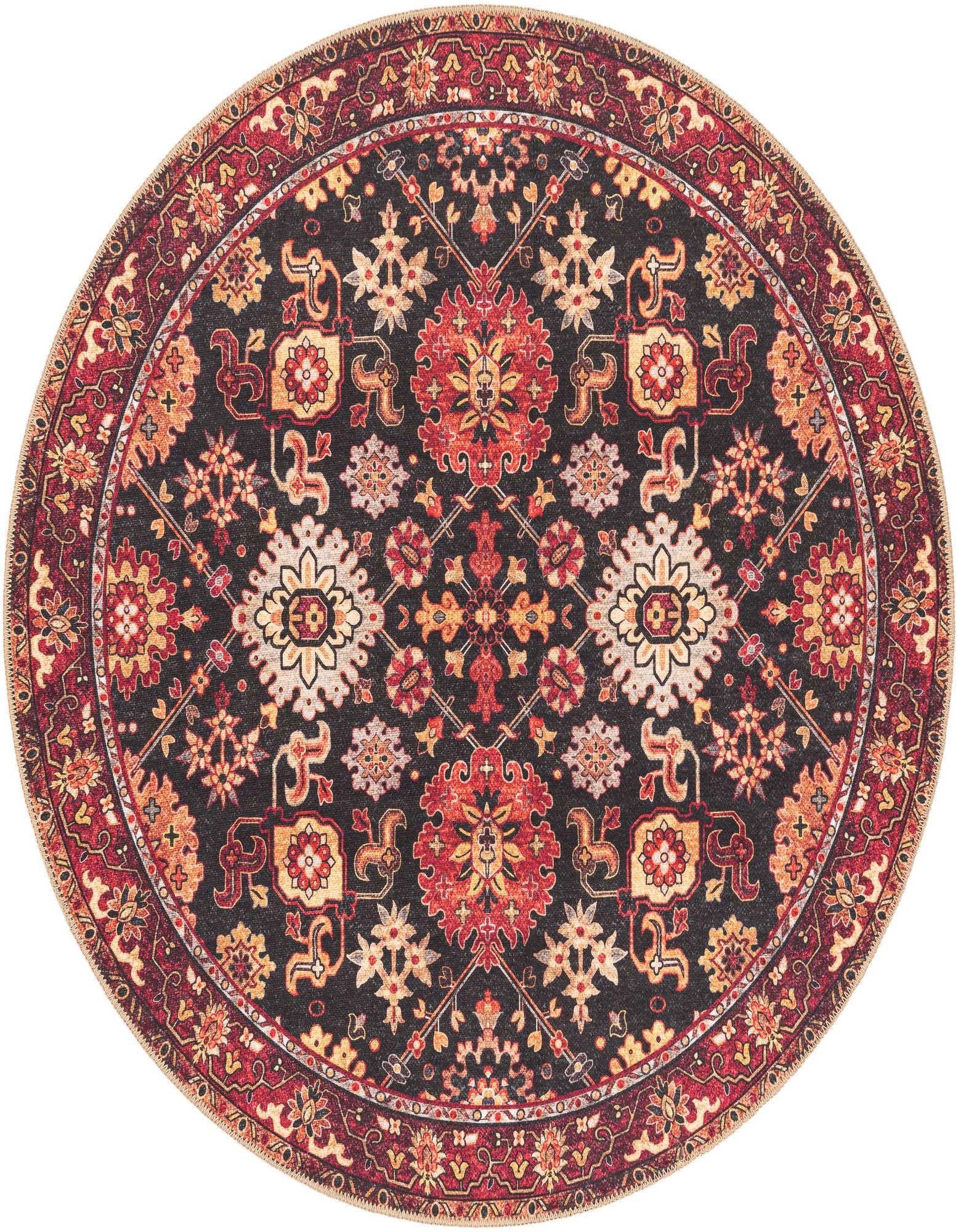 A 5'1" round black rug with a detailed red, orange, and cream traditional Oriental medallion pattern.