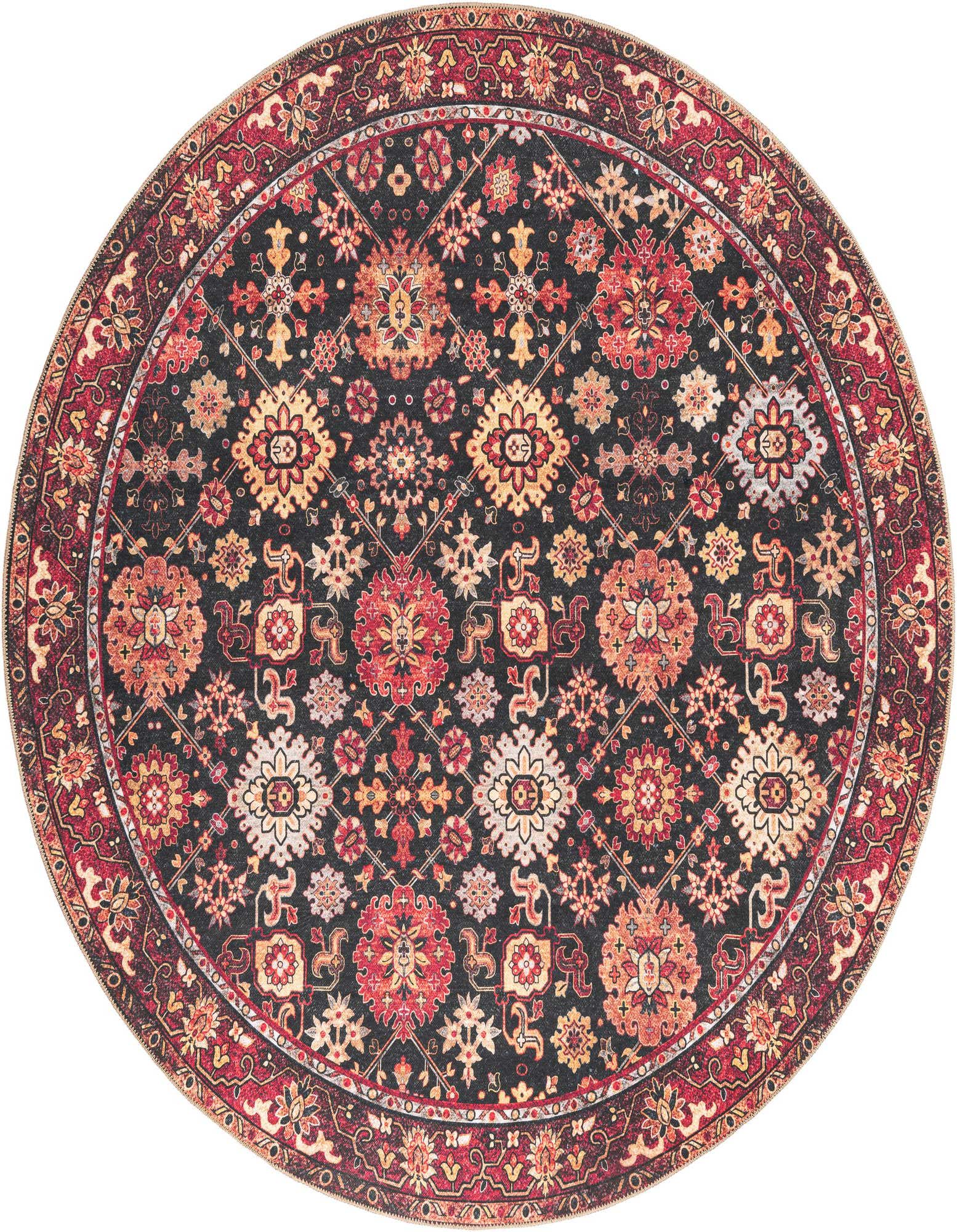 A 7' 10" round black rug with a detailed red, orange, and cream Oriental medallion pattern and a wide decorative border.