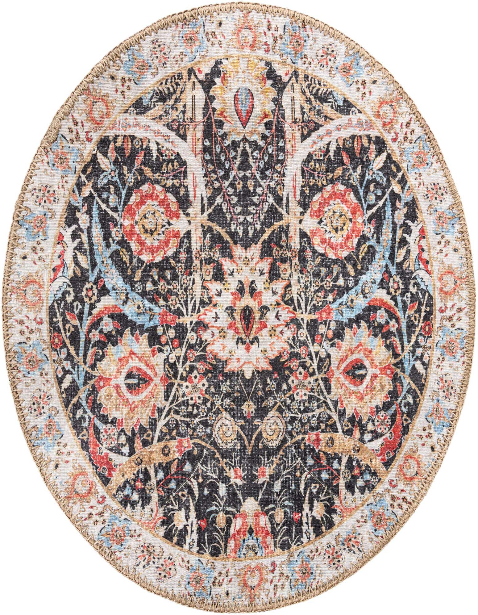 A 2' round black traditional rug with a detailed floral and medallion pattern in red, orange, blue, and cream, featuring a natural fiber braided edge.