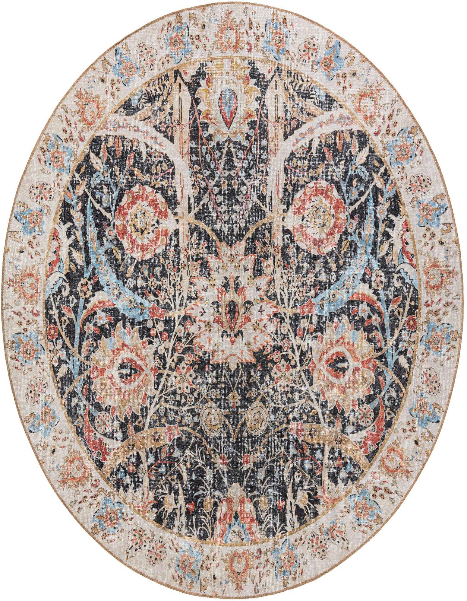 A 7' 10 round black traditional rug with an intricate floral pattern in red, blue, and cream, featuring a light border.