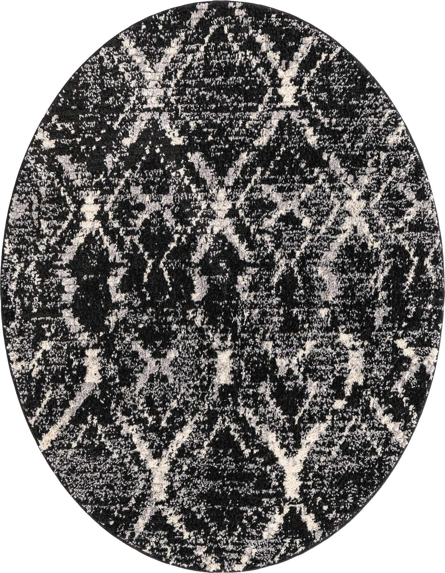 A 5' round black shag rug with a modern, distressed white and gray stripe pattern, suitable for indoor use.