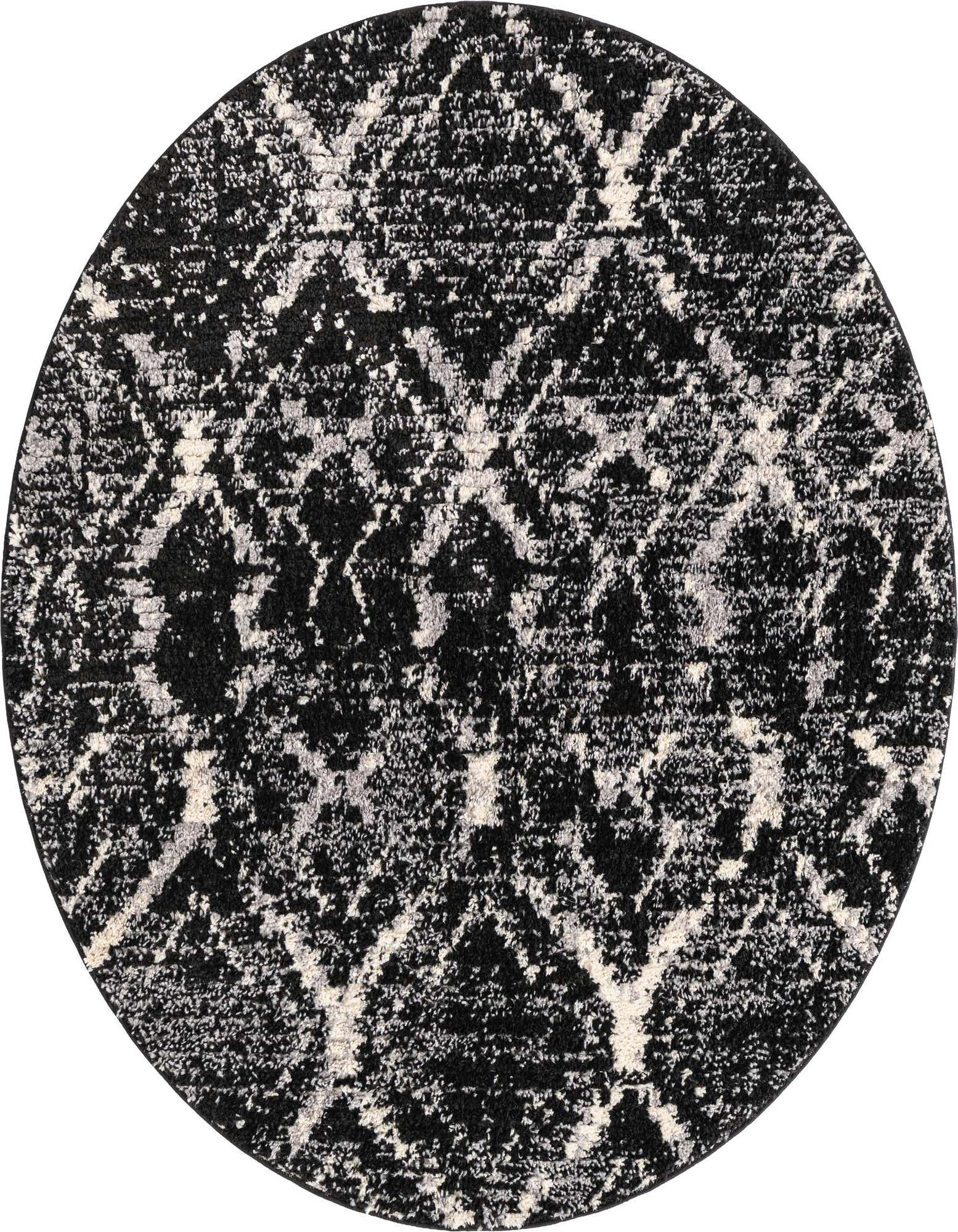 A round black shag rug with a modern, abstract white and gray stripe pattern, offering a textured feel.