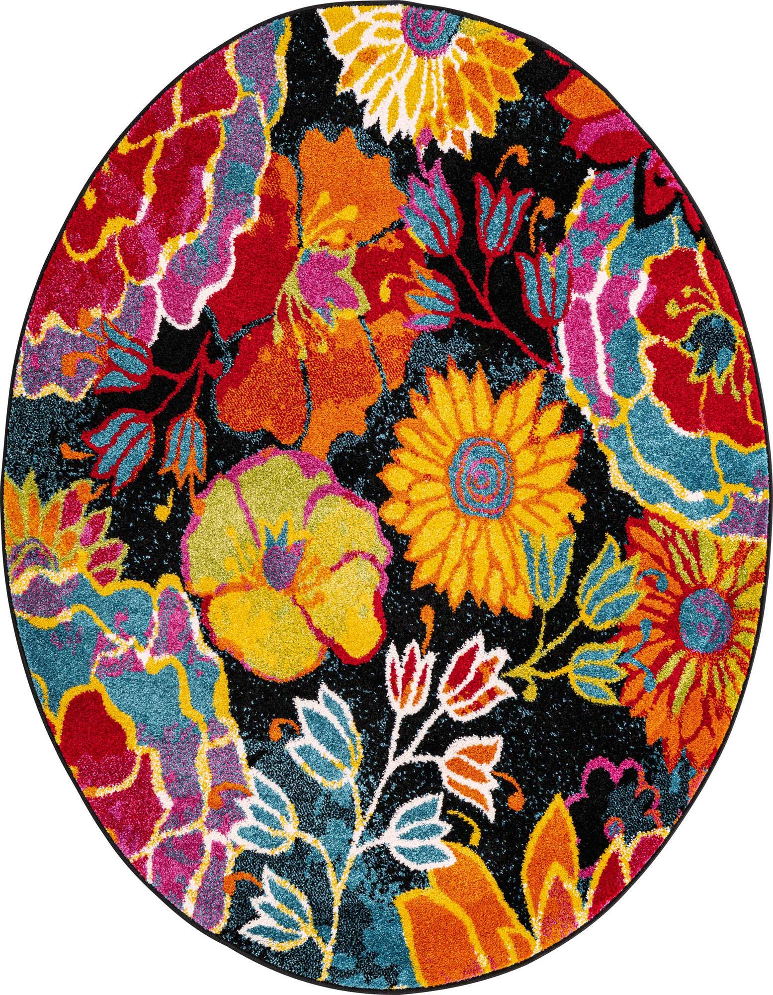 A vibrant 5' 0 x 5' 0 round rug featuring a contemporary floral pattern with large red, yellow, orange, and blue flowers on a black background.