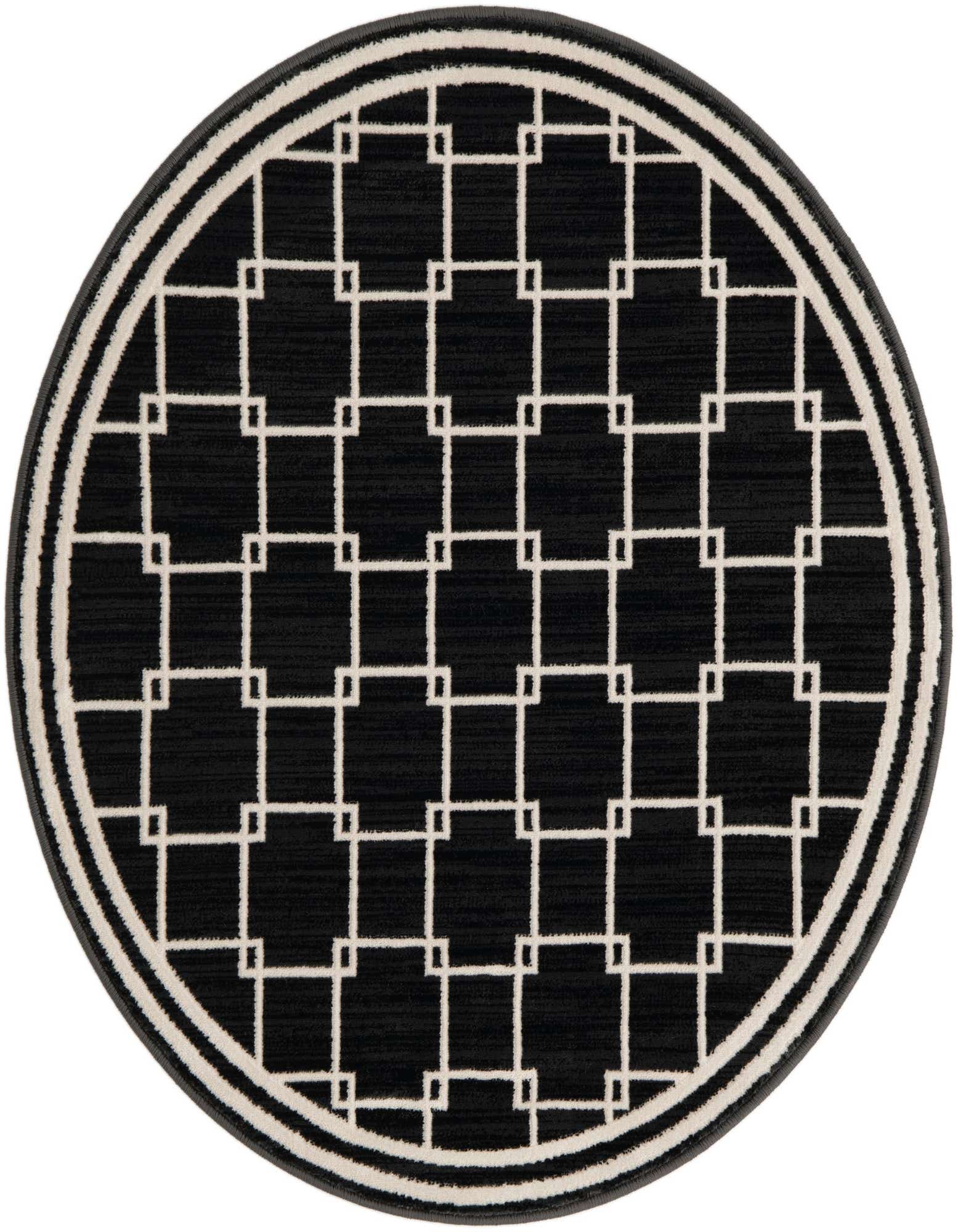 A 3' 0 x 3' 0 round black rug with a modern white geometric grid pattern and a thin white border.