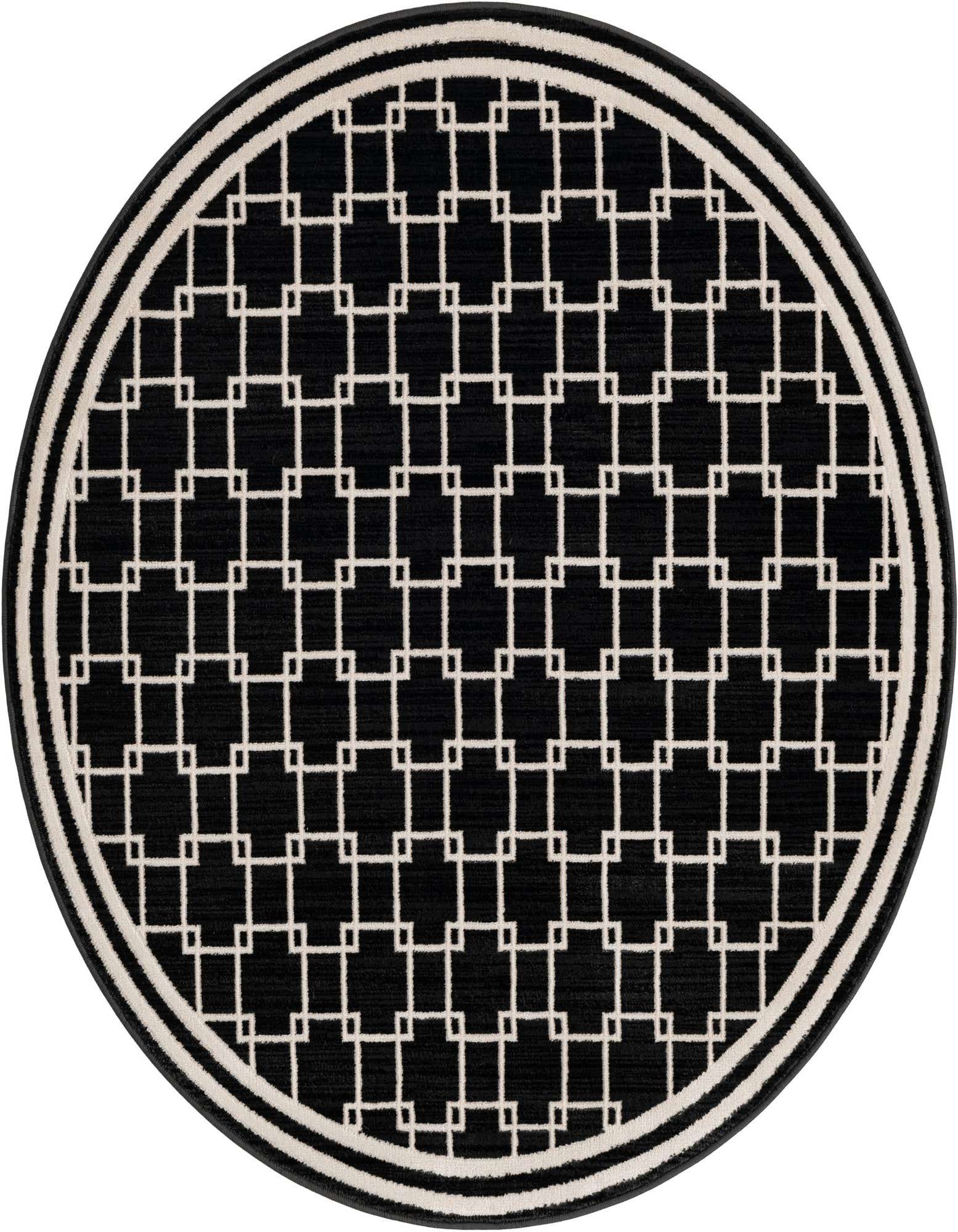 A 4' 0 x 4' 0 round black rug with a modern white geometric grid pattern and a striped border.