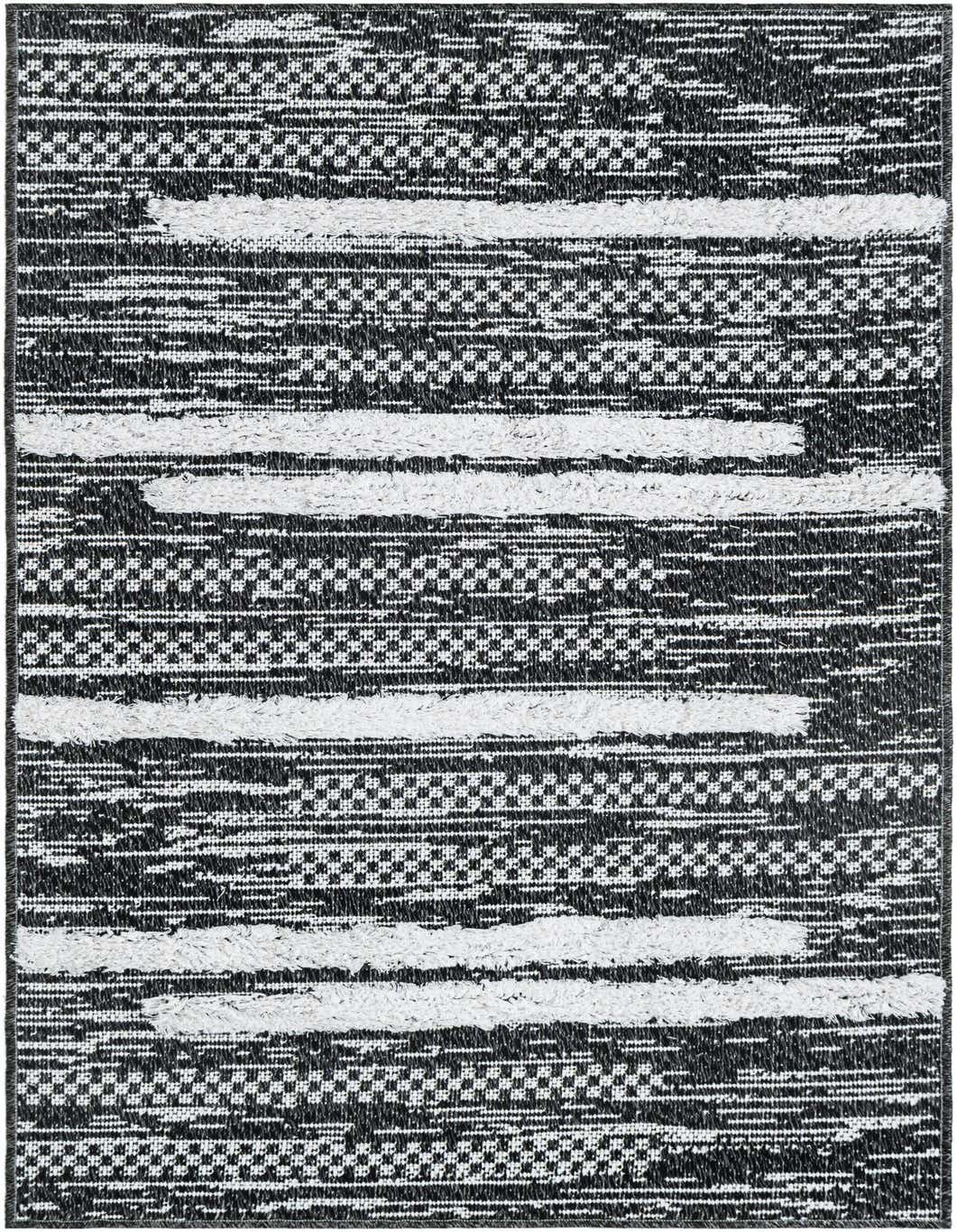 A 4 ft runner rug in black and white, featuring a contemporary stripe pattern with textured high-low pile.
