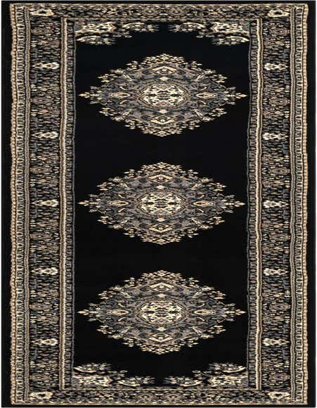 A 12 ft black runner rug with a repeating ornate medallion pattern in shades of grey and cream, framed by a detailed border.