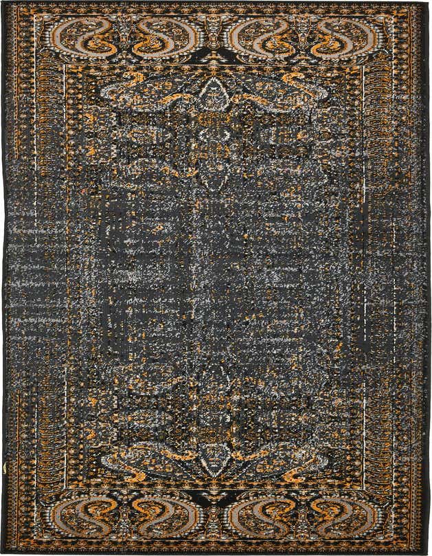 A 10 ft runner rug from the Ankara collection, featuring a distressed black and orange Bohemian floral pattern, ideal for a hallway.