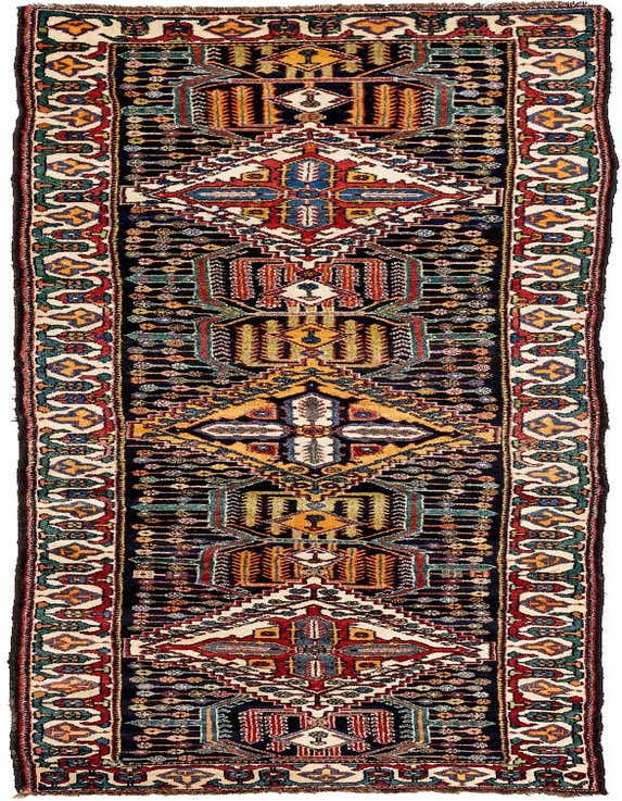 A 13 ft Bachtiar runner rug with a black background and intricate traditional patterns in red, blue, green, and gold.