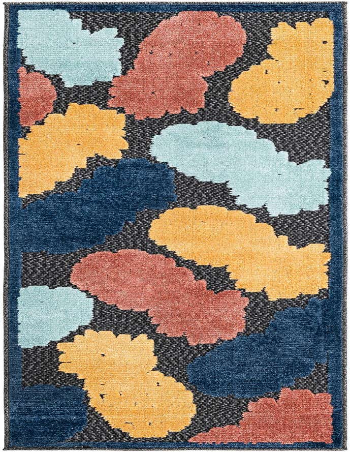 A 6 ft runner rug with an abstract pattern of large, textured shapes in teal, rust, and gold on a black background, framed by a blue border.
