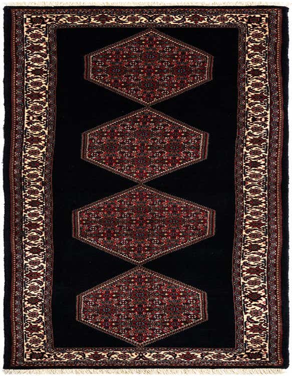 A handmade 8 ft black Persian runner rug with a medium pile, featuring red and cream geometric medallion patterns, ideal for hallways.