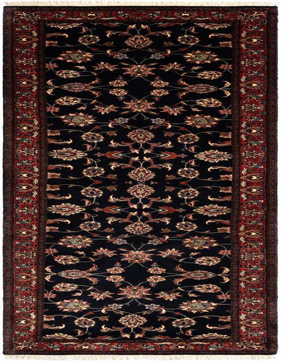 A 10 ft black Persian runner rug with intricate red, blue, and beige floral patterns and a detailed border, perfect for a hallway.