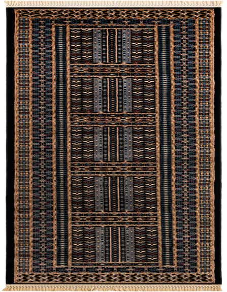 A 12 ft black runner rug with intricate geometric patterns in blue, grey, and tan, featuring white fringe.