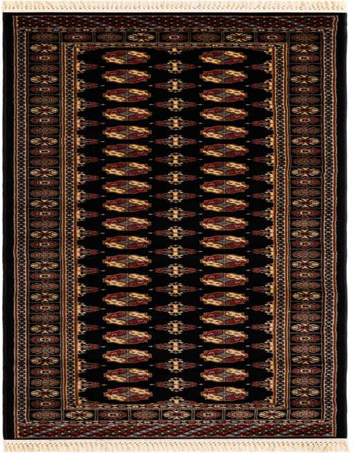 A 10 ft black runner rug with a traditional Bokhara pattern featuring red, gold, and grey medallions and borders.