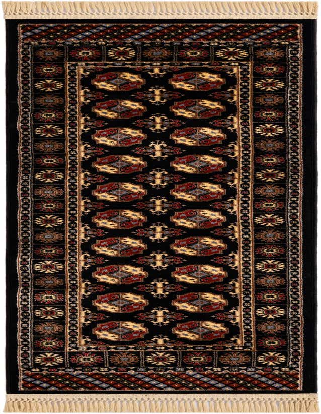 A 6 ft black runner rug with a traditional Bokhara pattern in red, gold, and blue, featuring fringe.