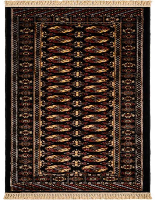 A black 8 ft runner rug with a traditional Bokhara pattern in red, gold, and blue, featuring a thin pile and fringe.