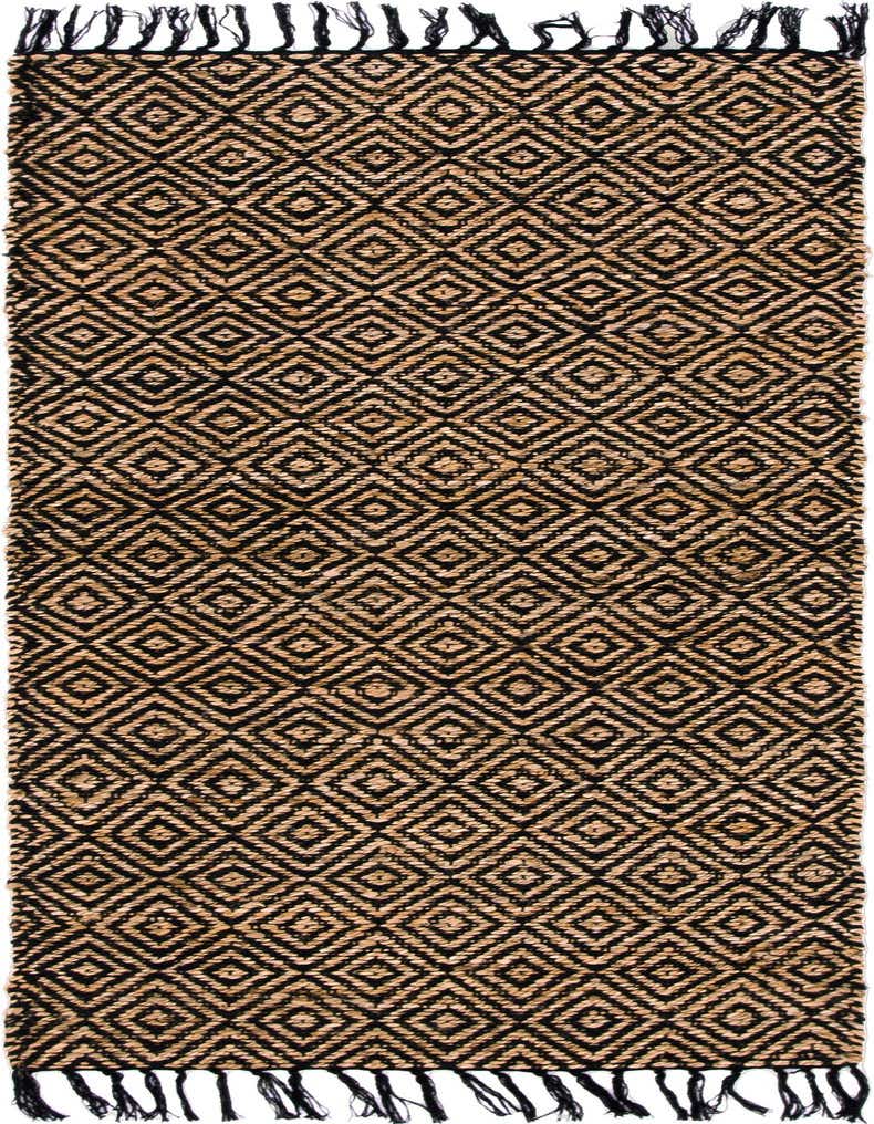 A 6 ft black and natural jute runner rug with a diamond pattern and fringed ends, ideal for a hallway.