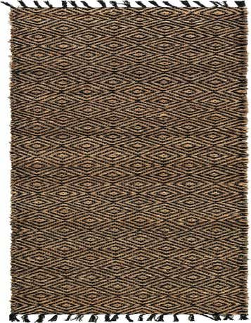 A long 12 ft black and natural jute runner rug with a repeating diamond pattern and fringed ends, ideal for a hallway.
