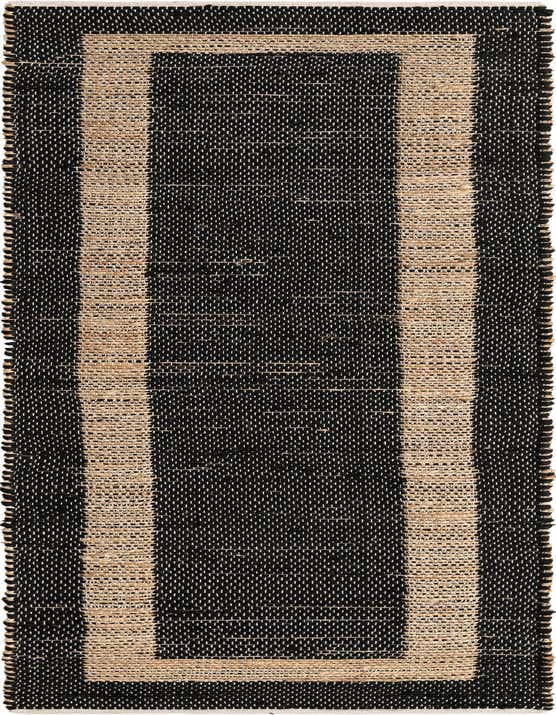 A 10 ft runner rug in black with a natural jute border, showcasing a textured, flatweave design.
