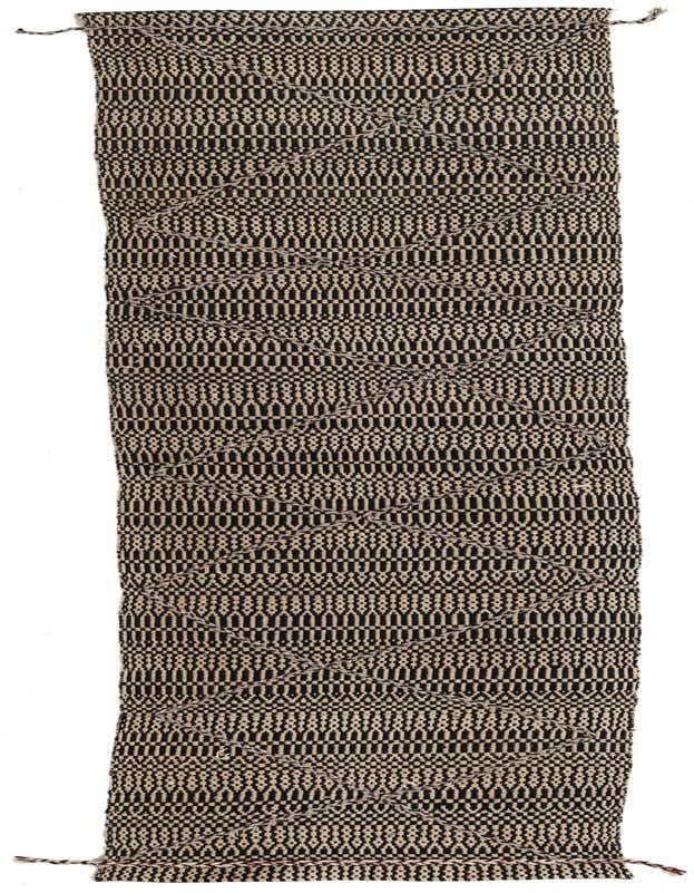 A 10 ft Darya runner rug in black and beige, featuring a textured modern oriental pattern with diagonal accents.