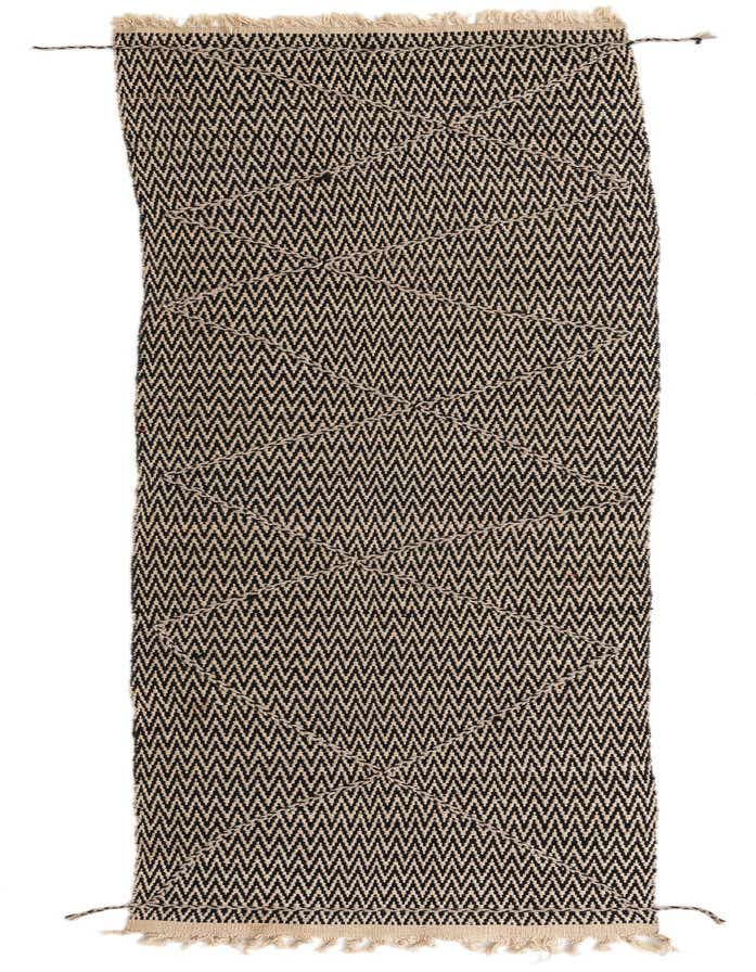 A black and beige Darya runner rug, 10 ft, with a modern geometric pattern and fringe, perfect for a hallway.