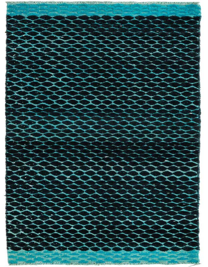 A 10 ft runner rug from the Darya collection featuring a modern black and teal abstract pattern with a textured wool pile.