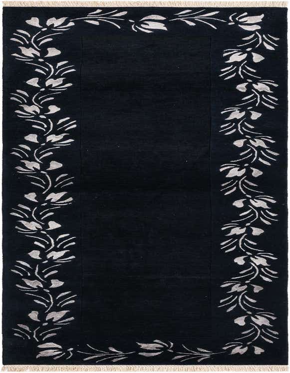 A 10 ft black wool runner rug with a modern oriental floral pattern in light gray along both long edges, suitable for a hallway.