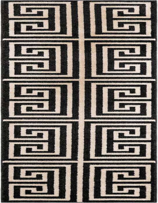 A 10 ft runner rug featuring a bold black and cream Greek key pattern, perfect for a hallway.